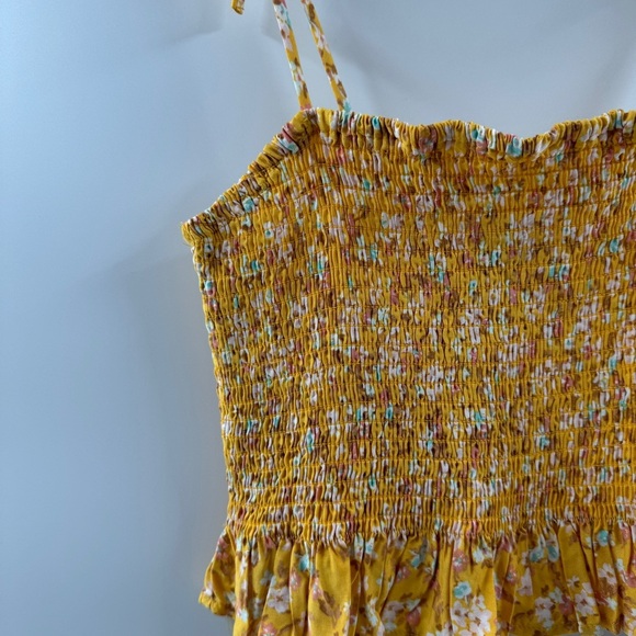 Forever 21 Yellow Floral Smocked Tank Top with Tie Straps & Ruffle Hem - Picture 2 of 6